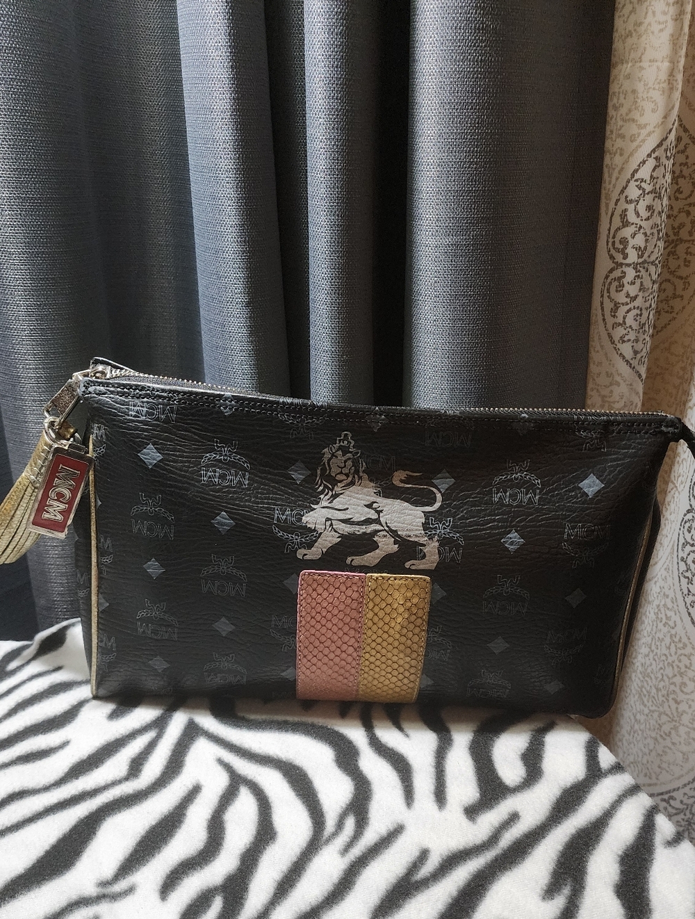 Authentic MCM Black Visetos Multicolor Stripe Clutch Vintage Bag Approx 12x8 1/2